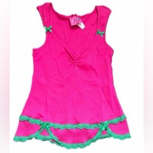 NWT VINTAGE 🩷 VICTORIA’S SECRET 🎀POUT Pink Tank Swing Top Green Lace Trim sz L
